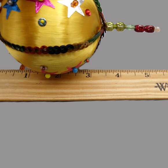 7 Gold Push Pin Christmas Ornaments, Satin Beaded Sequins, Vintage Handmade - Picture 9 of 10